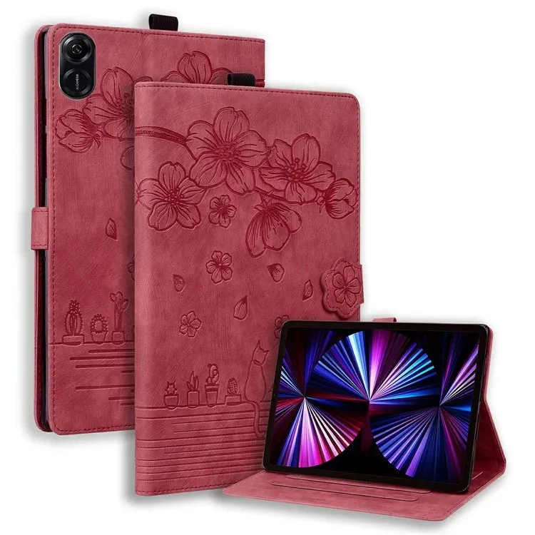 For Honor Pad X8a Case Flip Stand Leather Tablet Cover Cherry Blossom Cat Imprinted