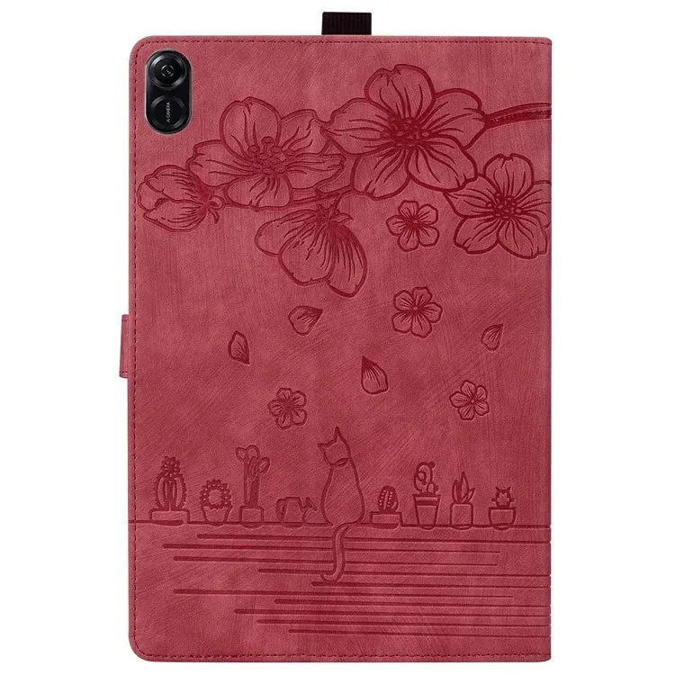For Honor Pad X8a Case Flip Stand Leather Tablet Cover Cherry Blossom Cat Imprinted