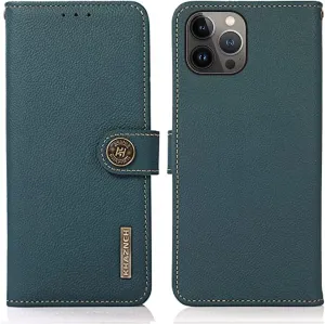 for iPhone 14 Pro Wallet Case，Cowhide Genuine Leather Folio Flip Cover with RFID Credit Card Holder Cash Holder Magnetic Closure Anti-Fall Shockproof TPU Kickstand Green