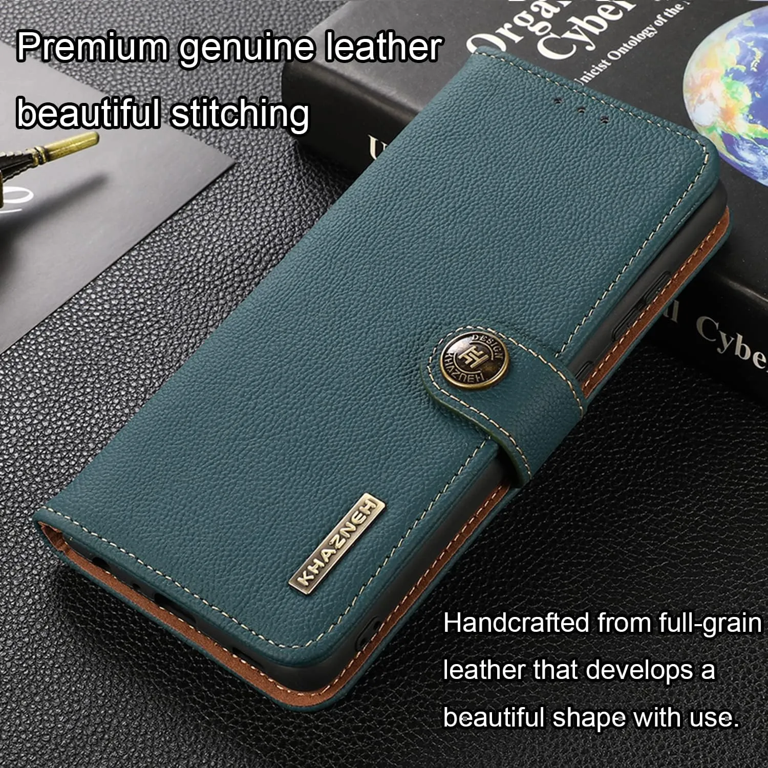 for iPhone 14 Pro Wallet Case，Cowhide Genuine Leather Folio Flip Cover with RFID Credit Card Holder Cash Holder Magnetic Closure Anti-Fall Shockproof TPU Kickstand Green