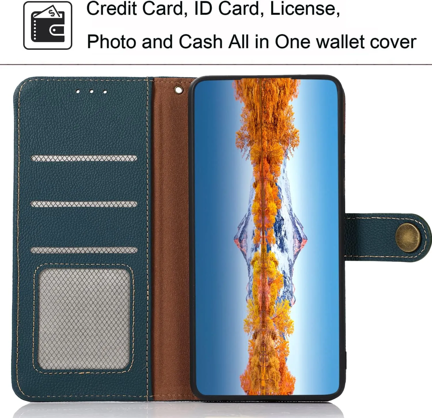 for iPhone 14 Pro Wallet Case，Cowhide Genuine Leather Folio Flip Cover with RFID Credit Card Holder Cash Holder Magnetic Closure Anti-Fall Shockproof TPU Kickstand Green