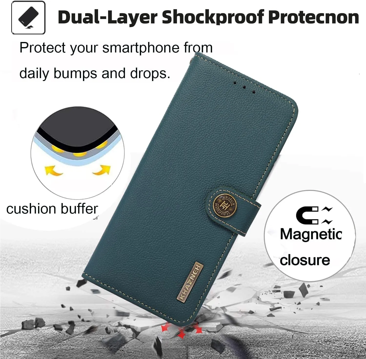 for iPhone 14 Pro Wallet Case，Cowhide Genuine Leather Folio Flip Cover with RFID Credit Card Holder Cash Holder Magnetic Closure Anti-Fall Shockproof TPU Kickstand Green