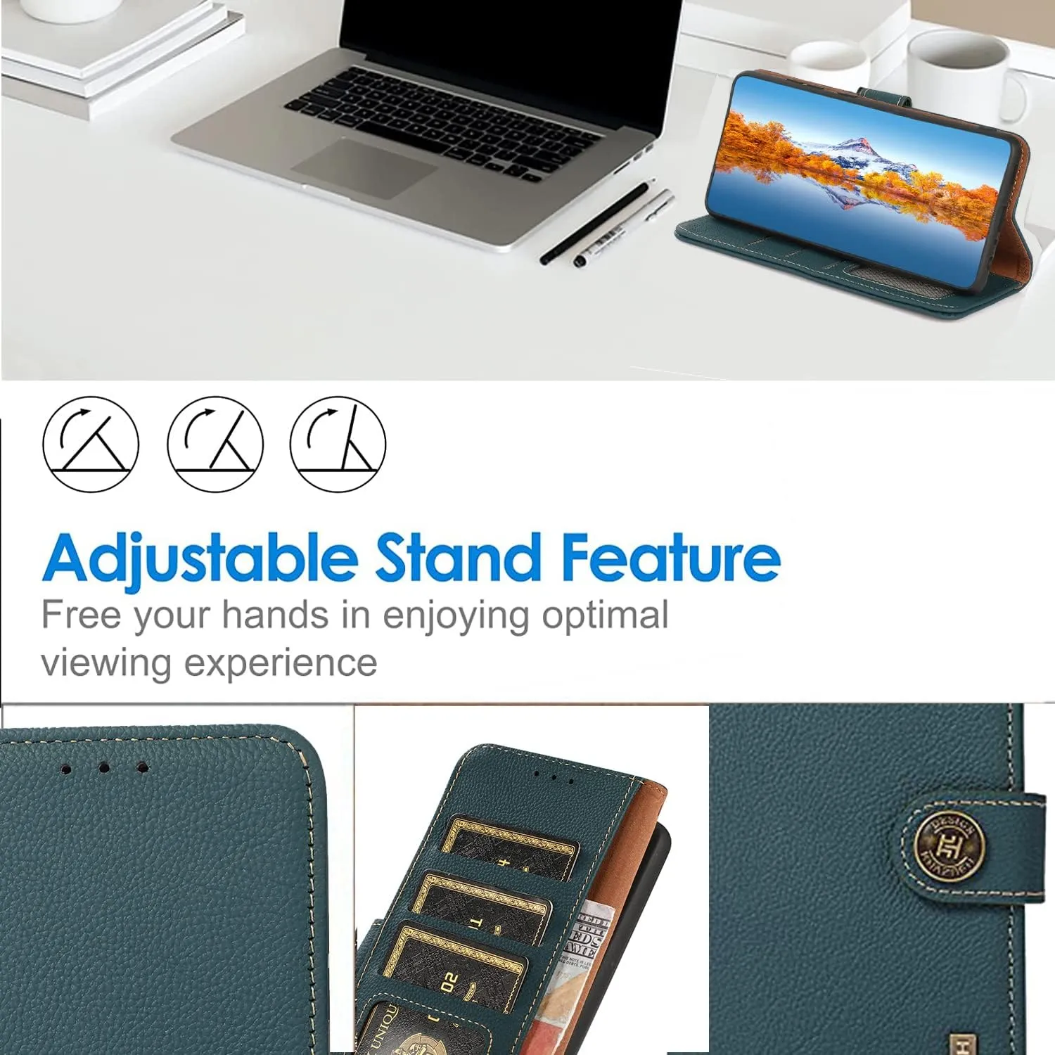 for iPhone 14 Pro Wallet Case，Cowhide Genuine Leather Folio Flip Cover with RFID Credit Card Holder Cash Holder Magnetic Closure Anti-Fall Shockproof TPU Kickstand Green