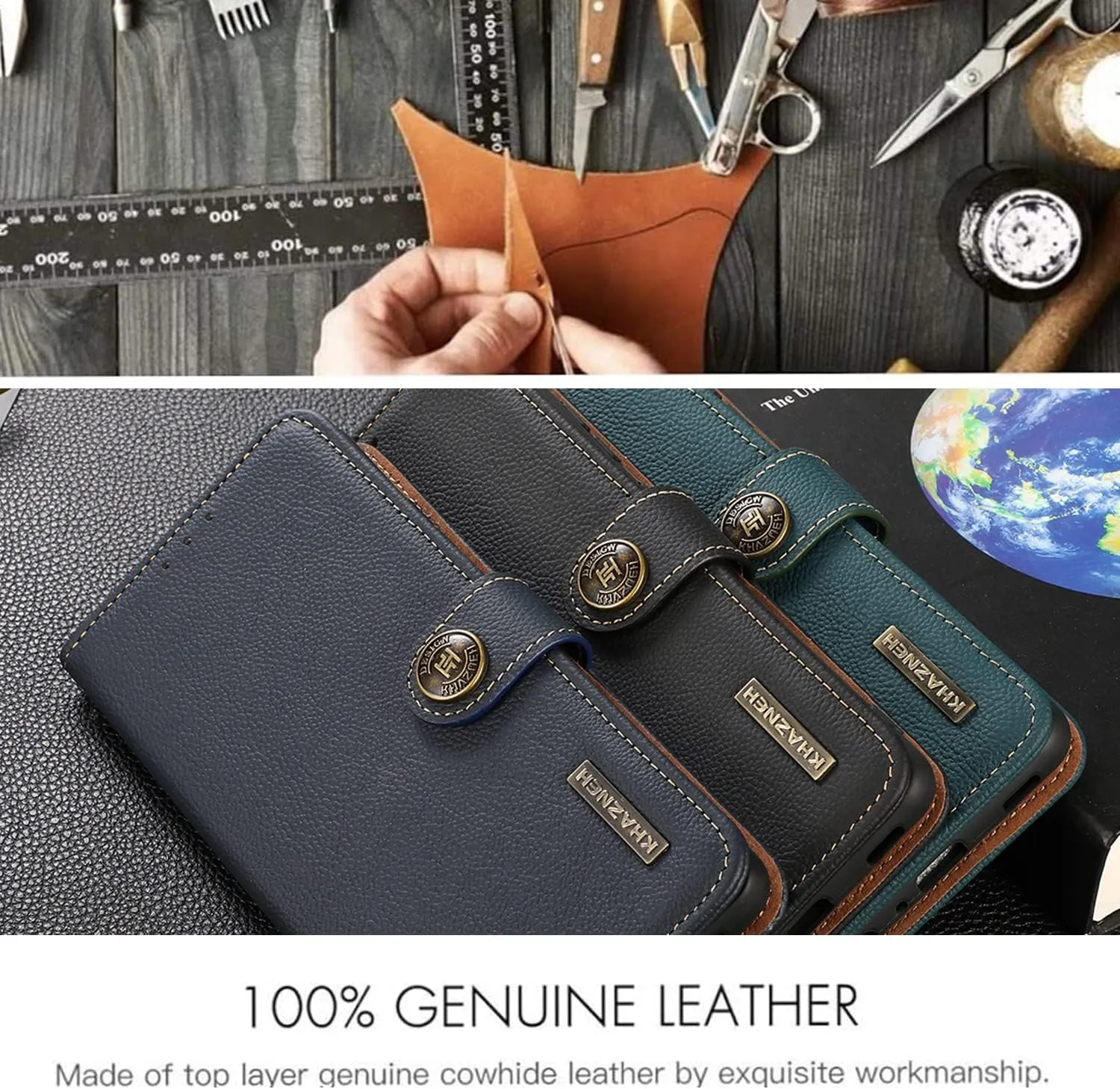 for iPhone 14 Pro Wallet Case，Cowhide Genuine Leather Folio Flip Cover with RFID Credit Card Holder Cash Holder Magnetic Closure Anti-Fall Shockproof TPU Kickstand Green