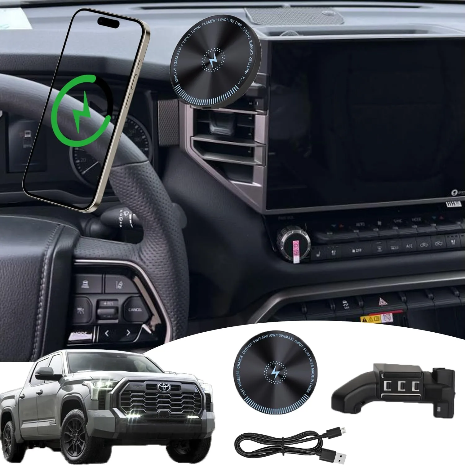 for Toyota Tundra Phone Mount 15W Fast Wireless Charger for 2024 Tundra Phone Holder Tundra Accessories Custom Fit Tundra 2022-present Compatible for All Cell Phones