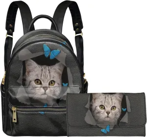 Forchrinse 2Pieces Cute Cat Butterfly Womens Fashion Backpack,Animal Print Leather Backpack Purse and Trifold Wallet Anti Theft Travel Rucksack