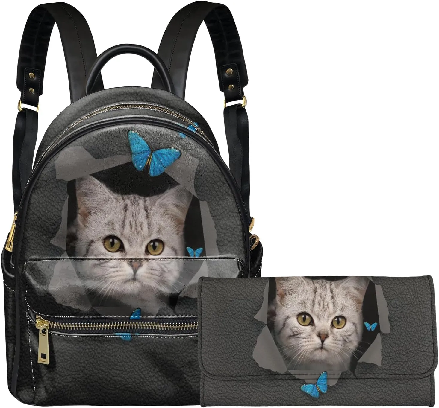 Forchrinse 2Pieces Cute Cat Butterfly Womens Fashion Backpack,Animal Print Leather Backpack Purse and Trifold Wallet Anti Theft Travel Rucksack