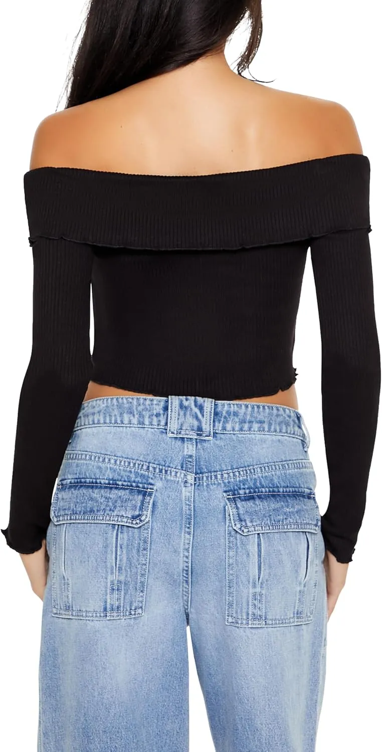 Forever 21 Women's Off-The-Shoulder V-Hem Crop Top