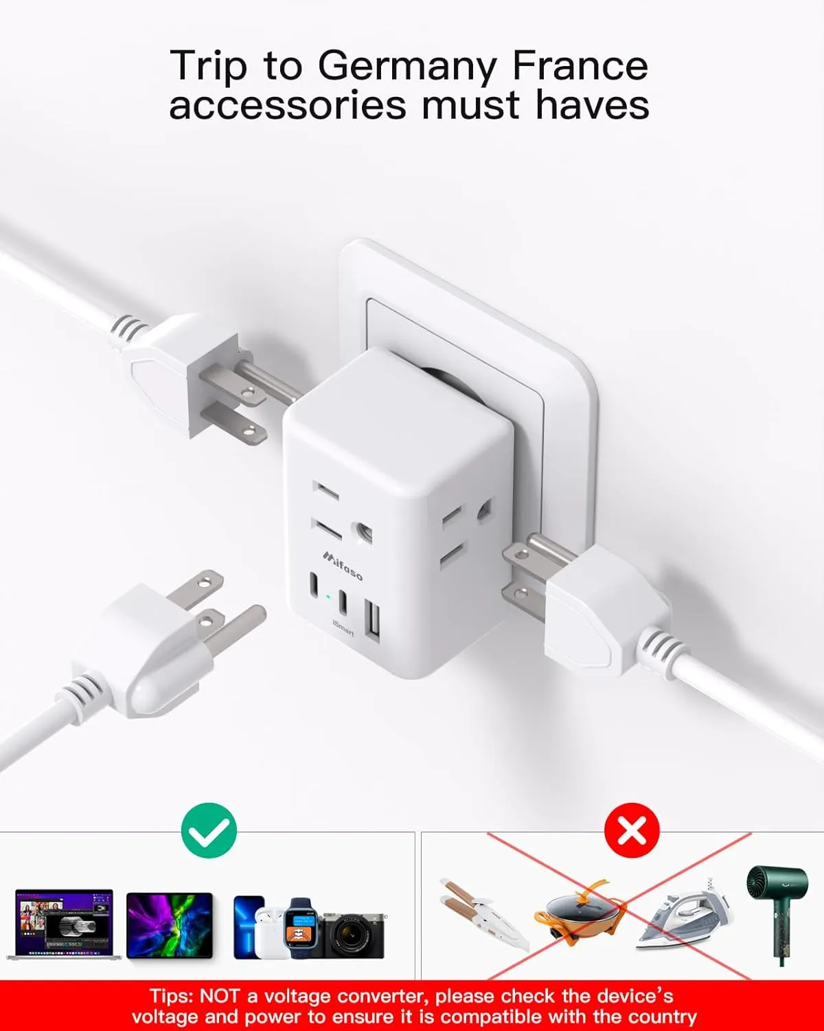 France Power Adapter, Portugal Adapter Plug, Germany Plug Adapter, Type E F European Travel Plug Adapter with 3 Outlets 3 USB Charging Ports(2 USB C), Travel Essentials to Most Europe EU