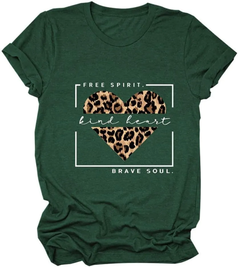 Free Spirit Kind Heart Brave Soul Shirts Women Leopard Heart Inspirational Saying T-Shirt Short Sleeve Tees Tops