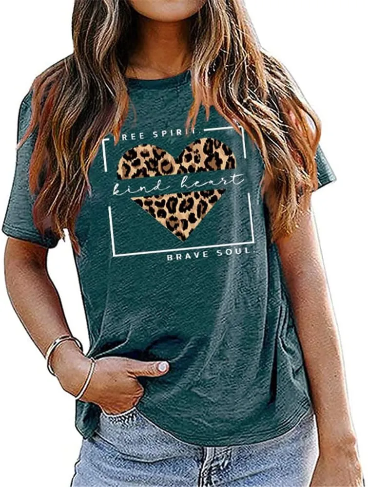 Free Spirit Kind Heart Brave Soul Shirts Women Leopard Heart Inspirational Saying T-Shirt Short Sleeve Tees Tops