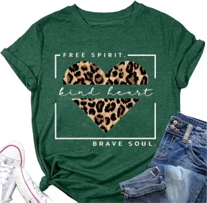 Free Spirit Kind Heart Brave Soul Shirts Women Leopard Heart Inspirational Saying T-Shirt Short Sleeve Tees Tops