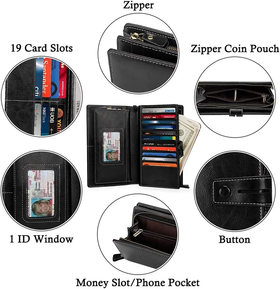 FT FUNTOR Women's Big Fat RFID Blocking Wallet Leather Zip Around Clutch Large Phone Organizer Wristlet