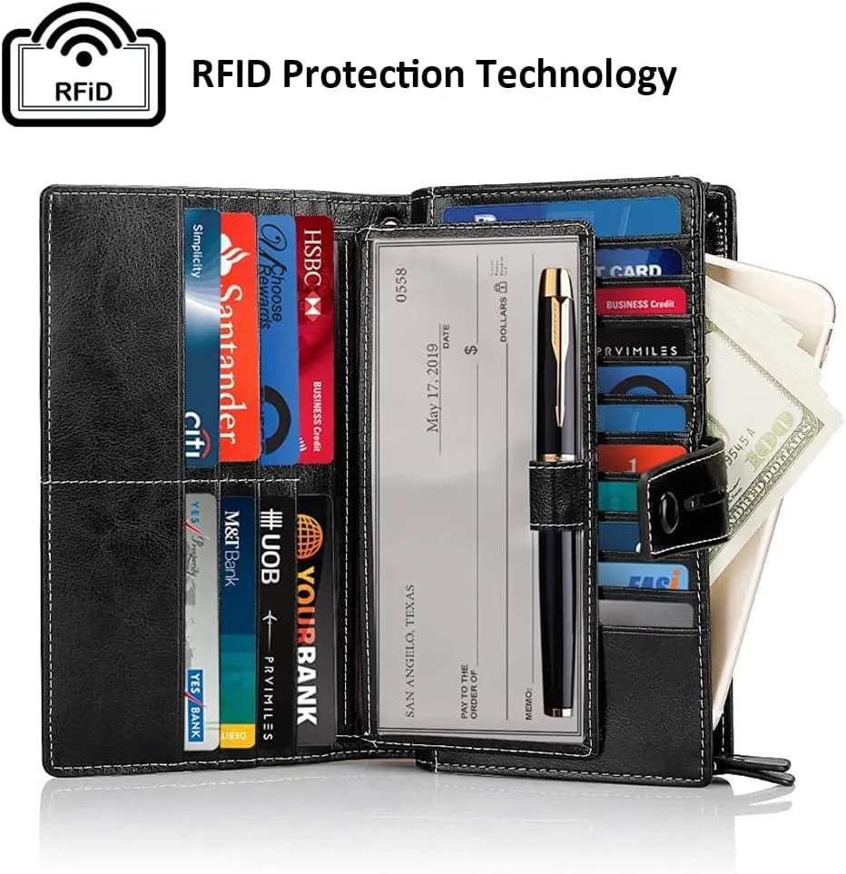 FT FUNTOR Women's Big Fat RFID Blocking Wallet Leather Zip Around Clutch Large Phone Organizer Wristlet