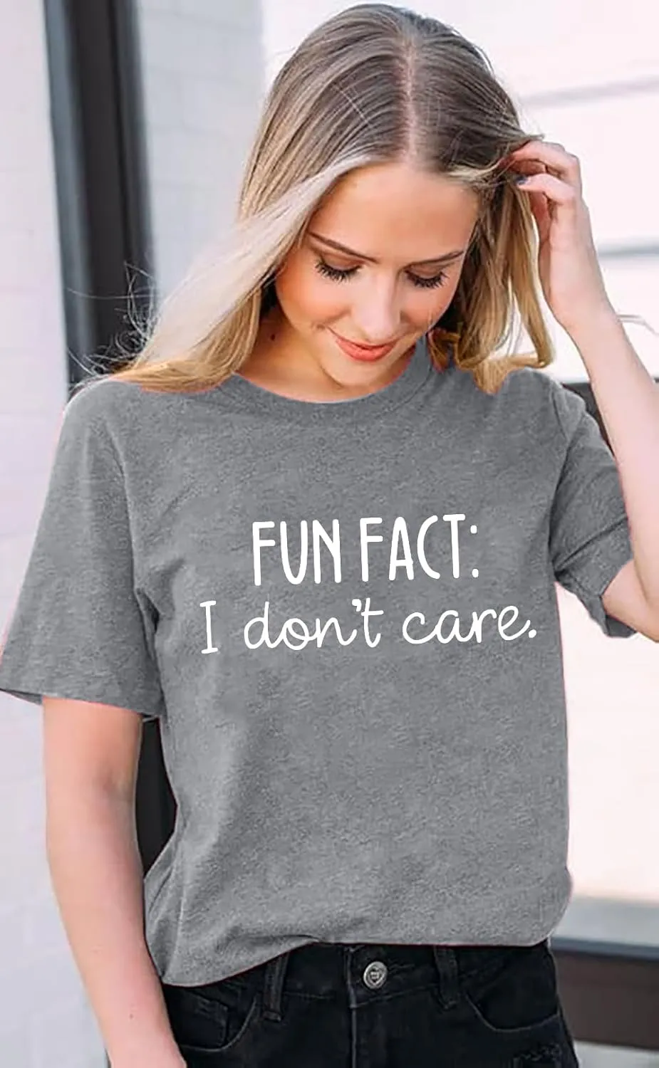 Fun Fact I Don't Care Shirts for Women Funny Letter Printed Casual Short Sleeve Tee Top