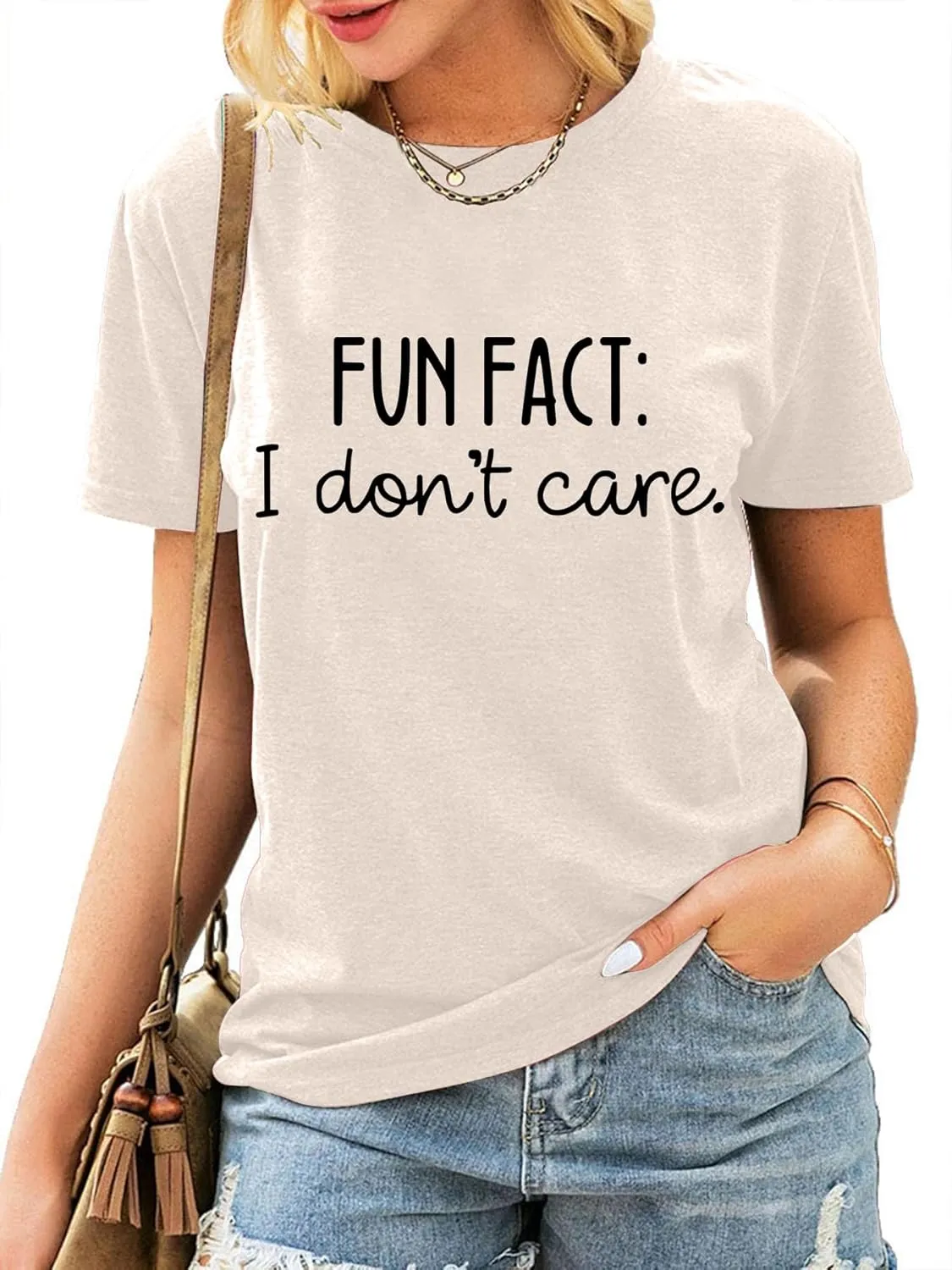 Fun Fact I Don't Care Shirts for Women Funny Letter Printed Casual Short Sleeve Tee Top
