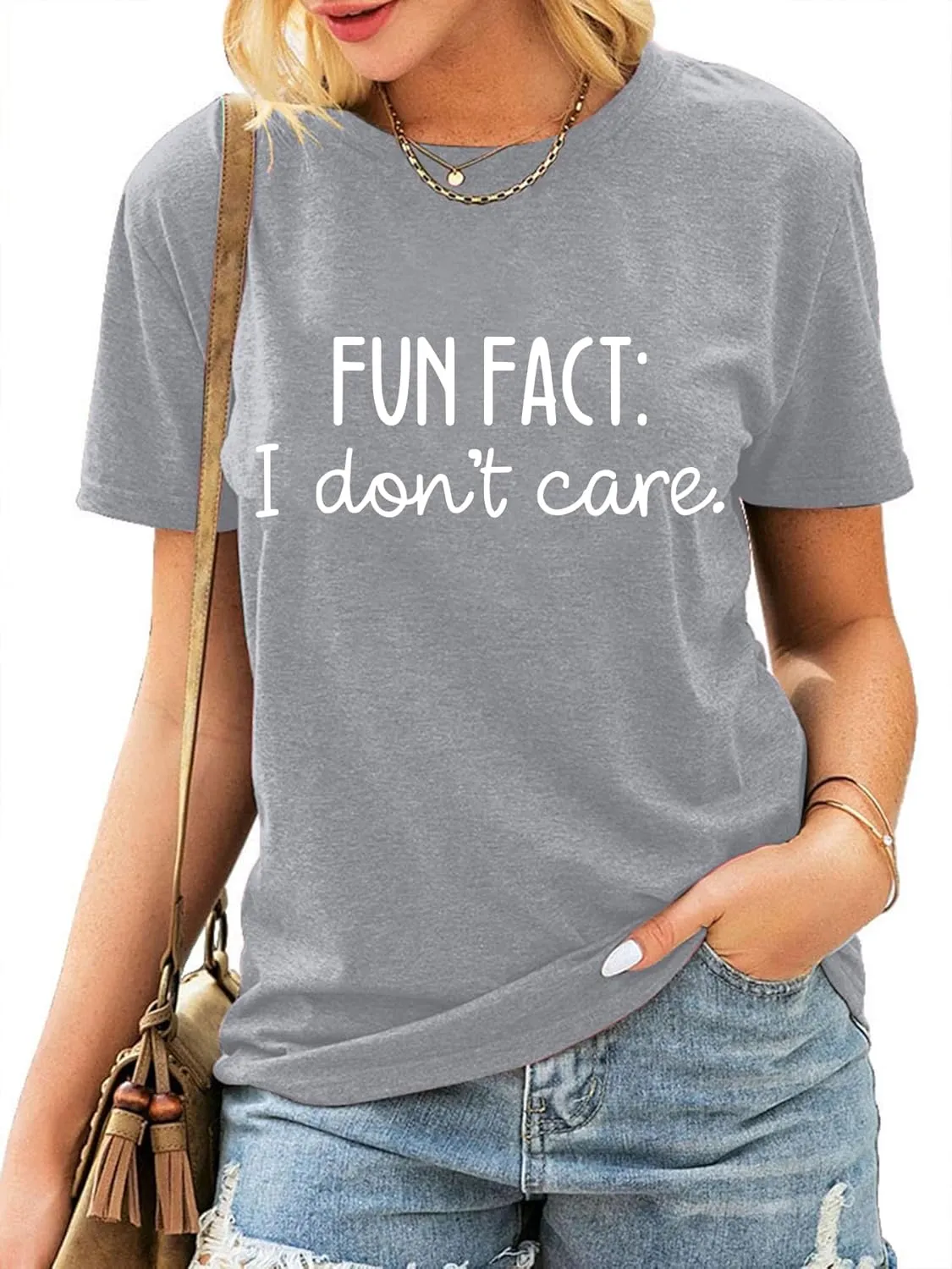 Fun Fact I Don't Care Shirts for Women Funny Letter Printed Casual Short Sleeve Tee Top