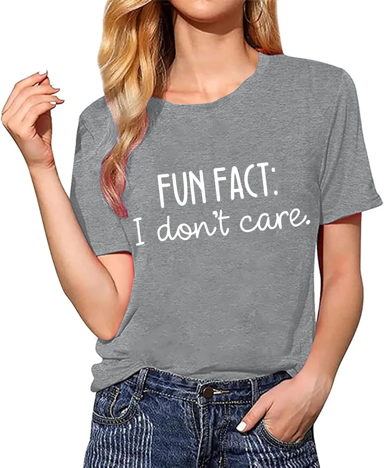 Fun Fact I Don't Care Shirts for Women Funny Letter Printed Casual Short Sleeve Tee Top