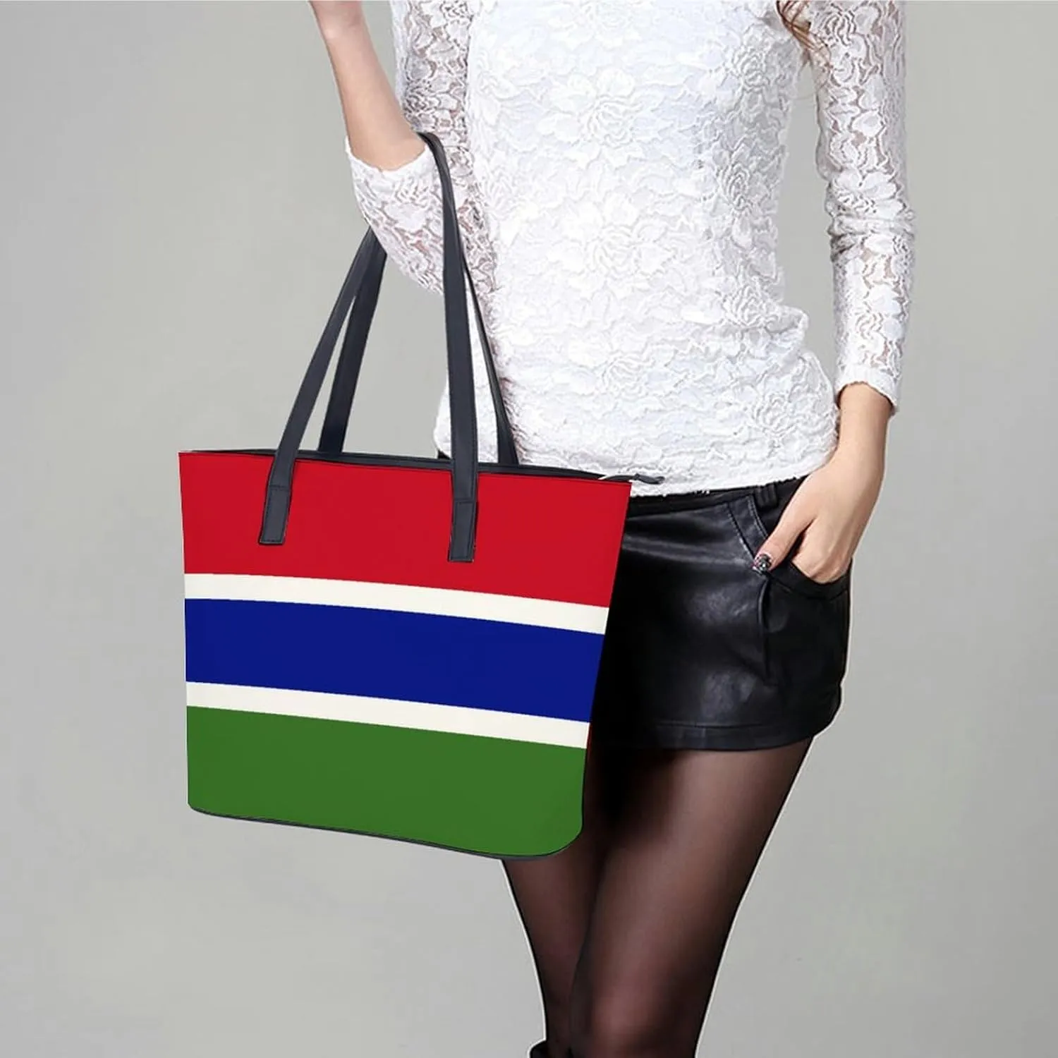 Functional Haiti-Flag Shoulder Tote Bag Women Zipper Leather for Daily Essentials