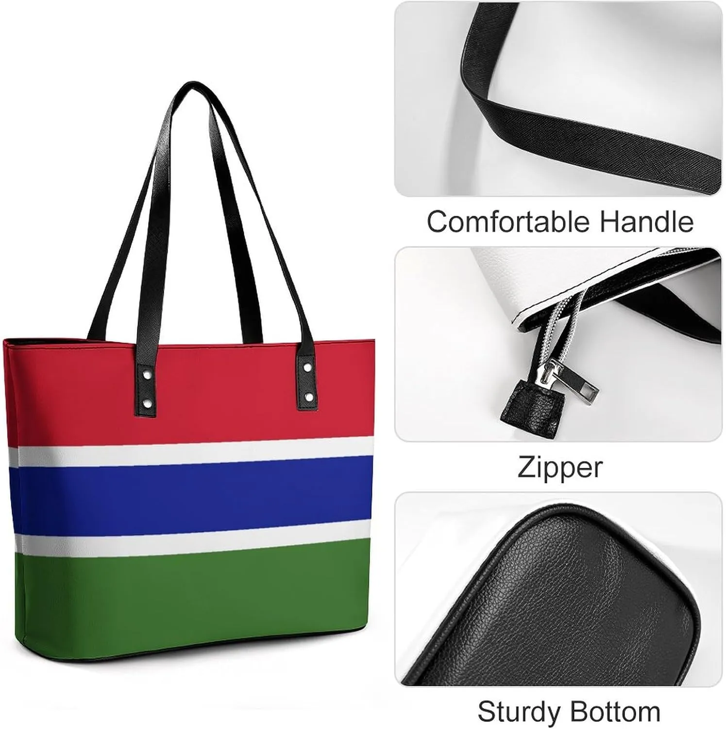 Functional Haiti-Flag Shoulder Tote Bag Women Zipper Leather for Daily Essentials