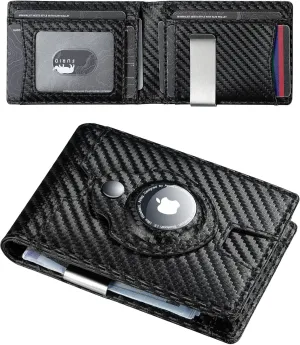 furid Airtag Wallet Men Slim: RFID Card Wallet with Airtag Holder - Apple Air Tag Wallet for Men - Minimalist Front Pocket Bifold Leather Wallet with Money Clip (Carbon Fiber)