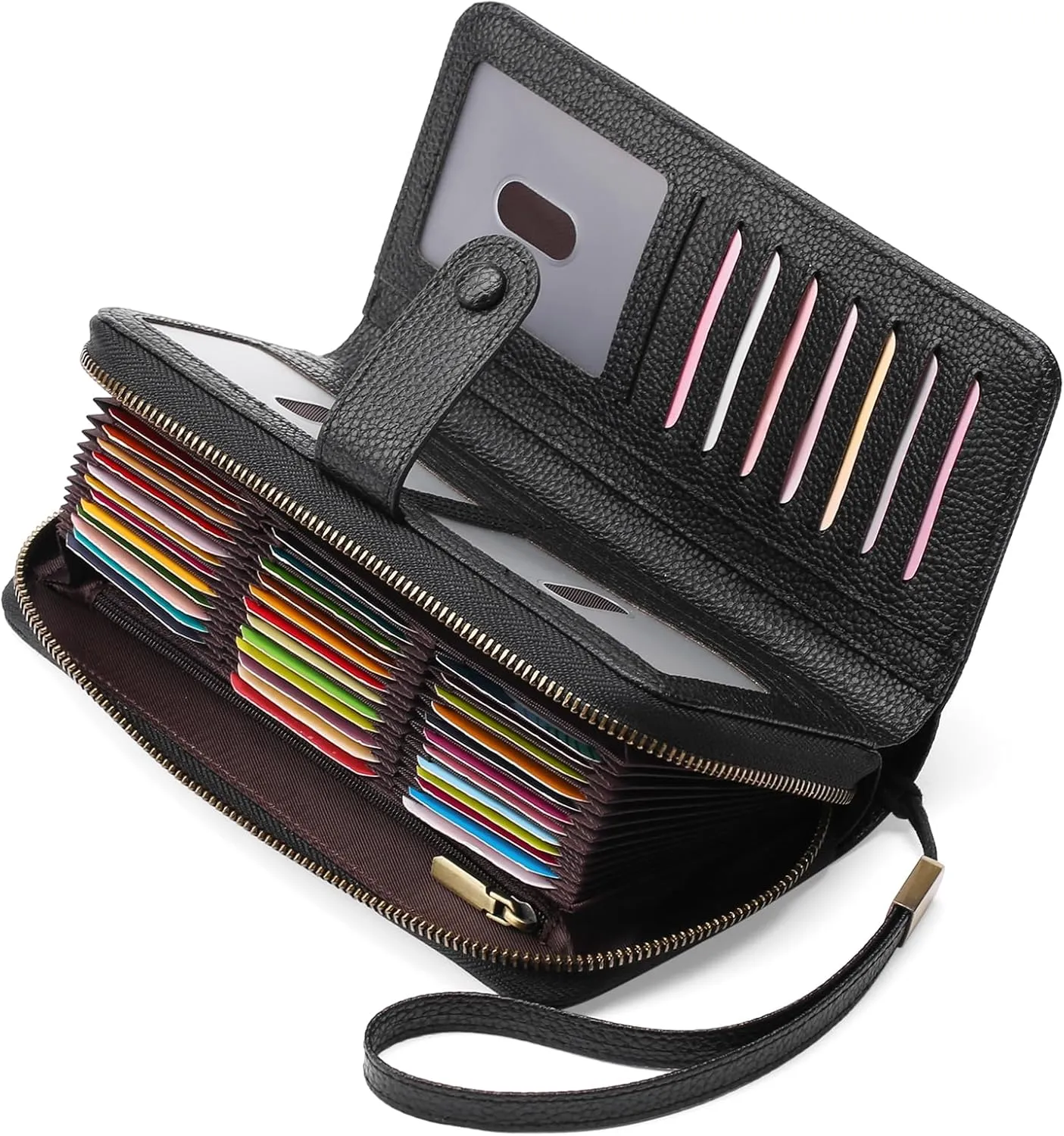 GAEKEAO Leather Credit Card Holder Wallet for Women RFID Blocking Large Capacity Bifold Zipper Card Case Organizer with Wristlet 45 Slots