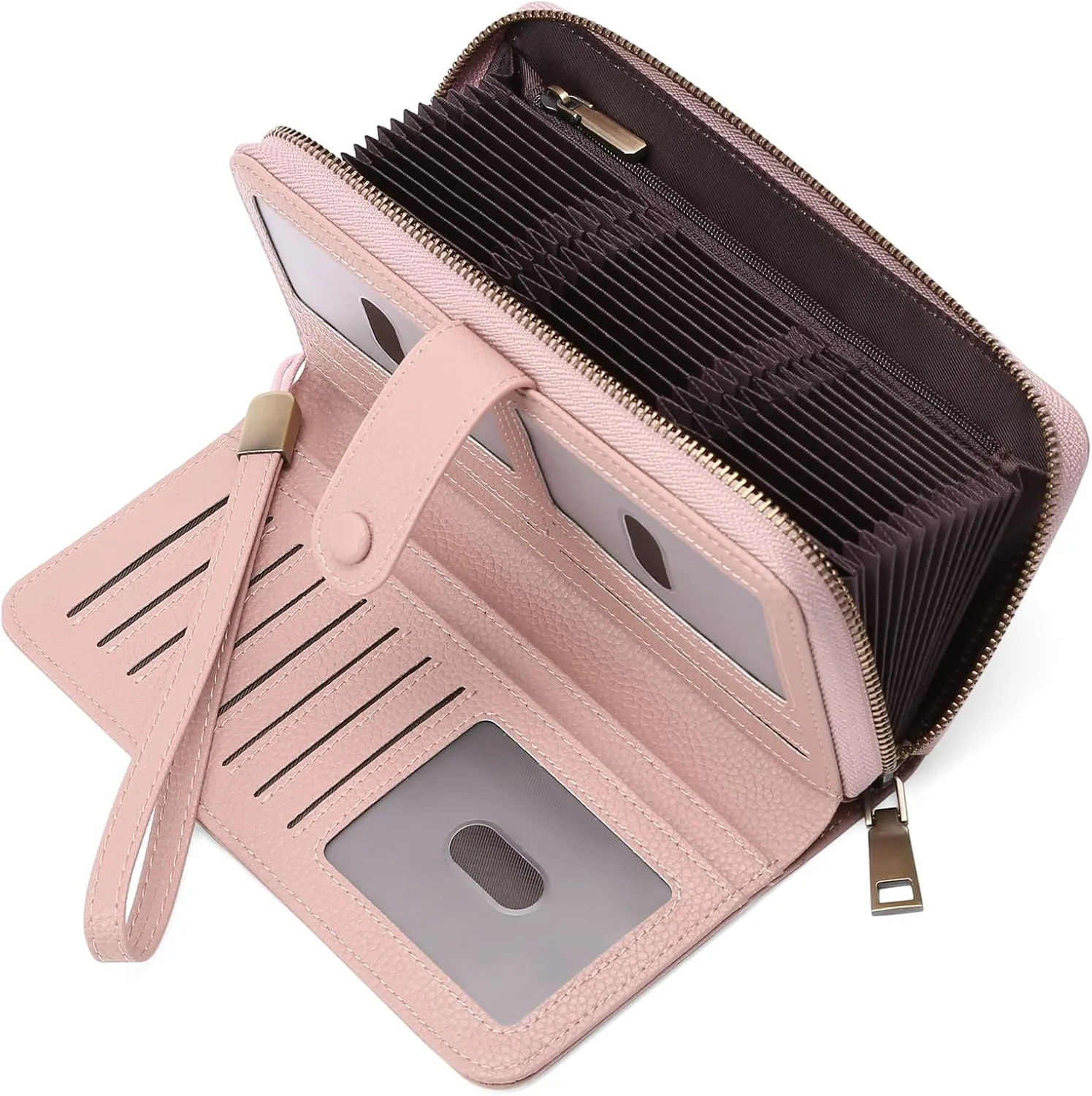 GAEKEAO Leather Credit Card Holder Wallet for Women RFID Blocking Large Capacity Bifold Zipper Card Case Organizer with Wristlet 45 Slots