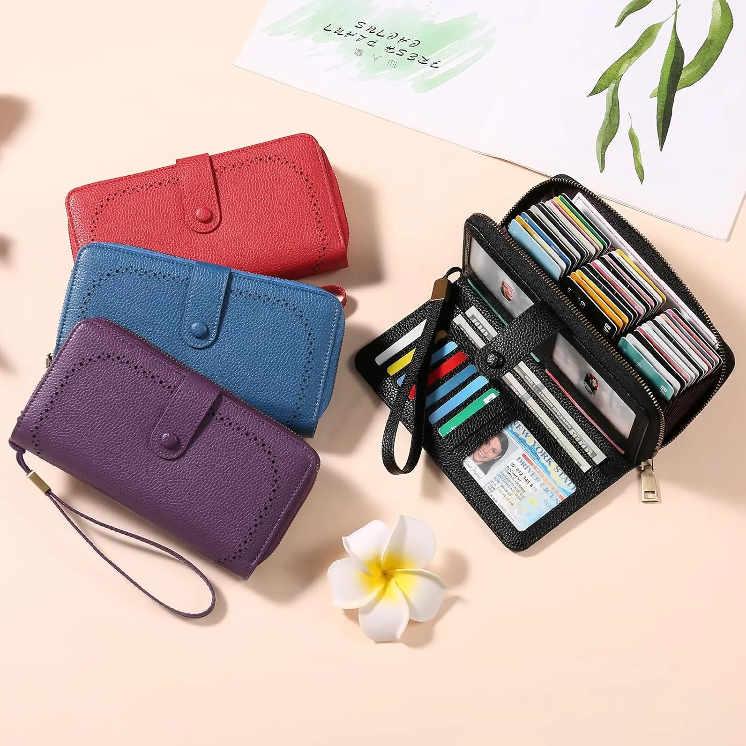 GAEKEAO Leather Credit Card Holder Wallet for Women RFID Blocking Large Capacity Bifold Zipper Card Case Organizer with Wristlet 45 Slots