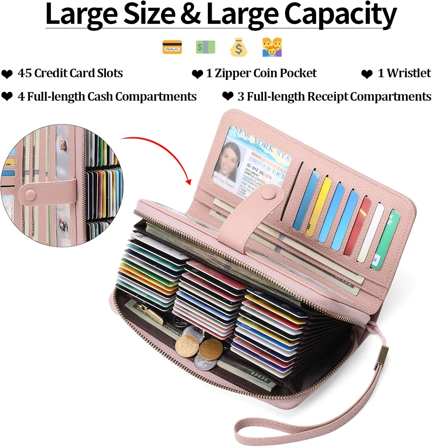 GAEKEAO Leather Credit Card Holder Wallet for Women RFID Blocking Large Capacity Bifold Zipper Card Case Organizer with Wristlet 45 Slots