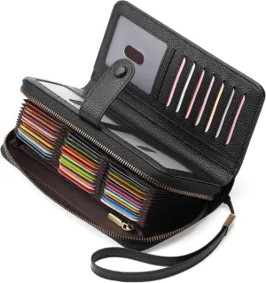 GAEKEAO Leather Credit Card Holder Wallet for Women RFID Blocking Large Capacity Bifold Zipper Card Case Organizer with Wristlet 45 Slots
