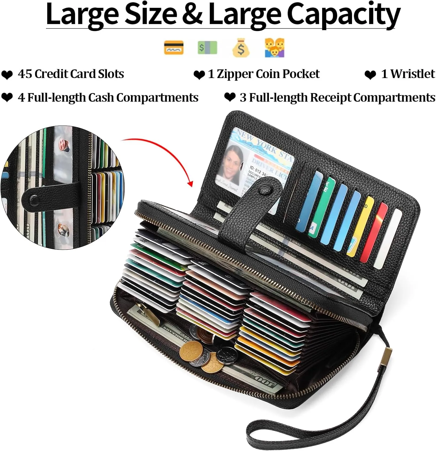 GAEKEAO Leather Credit Card Holder Wallet for Women RFID Blocking Large Capacity Bifold Zipper Card Case Organizer with Wristlet 45 Slots