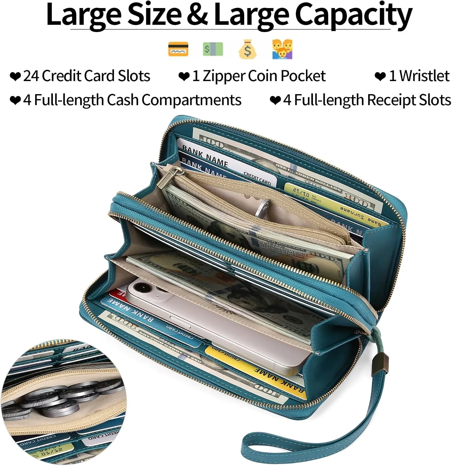 GAEKEAO Wallet for Women Clutch RFID Blocking Leather Wristlet Purse Large Capacity Credit Card Holder with Grip Hand Strap