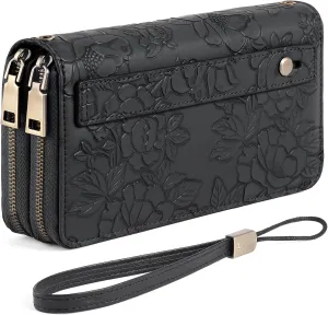 GAEKEAO Wallet for Women Clutch RFID Blocking Wristlet Leather Purse Large Capacity Credit Card Holder with Grip Hand Strap