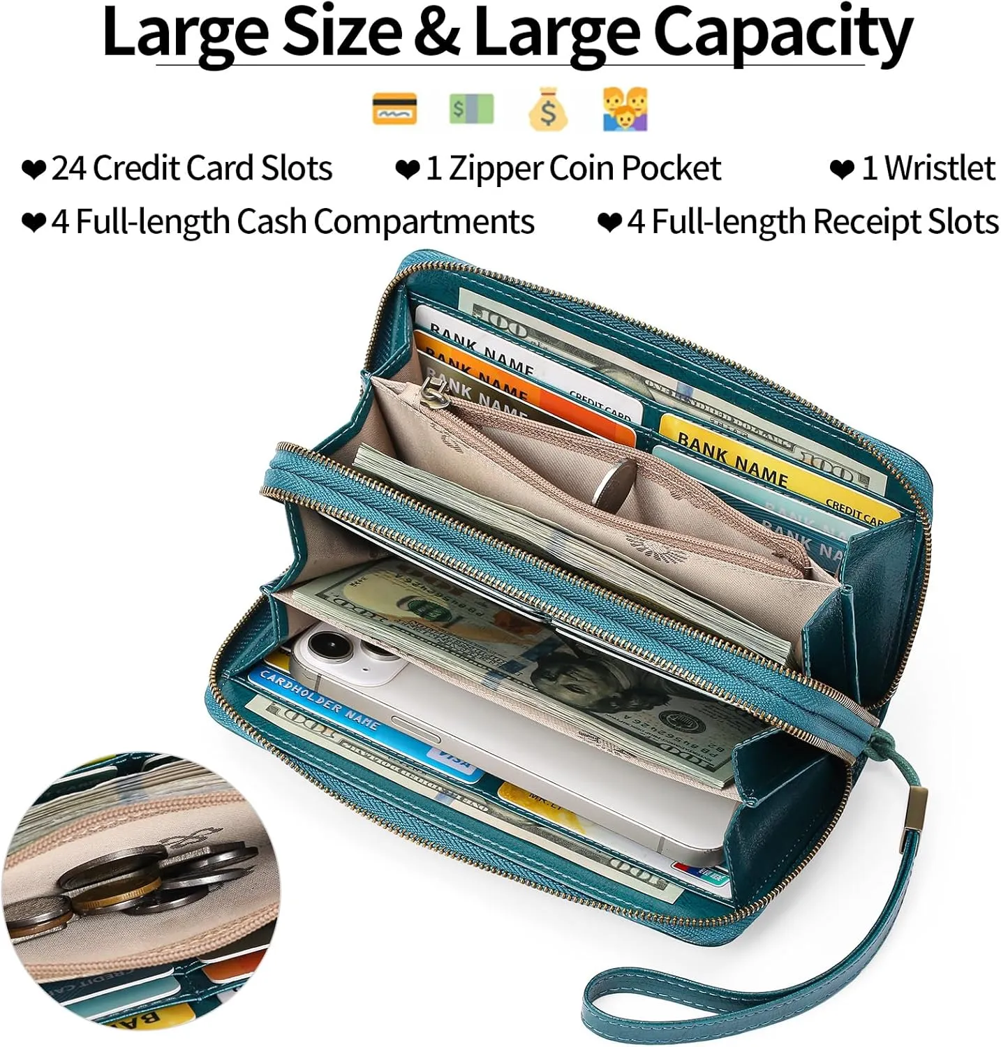 GAEKEAO Wallet for Women Clutch RFID Blocking Wristlet Leather Purse Large Capacity Credit Card Holder with Grip Hand Strap