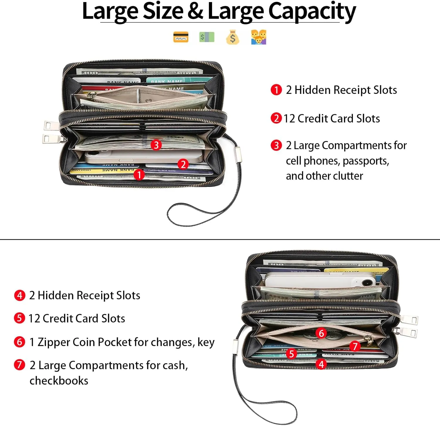 GAEKEAO Wallet for Women Clutch RFID Blocking Wristlet Leather Purse Large Capacity Credit Card Holder with Grip Hand Strap