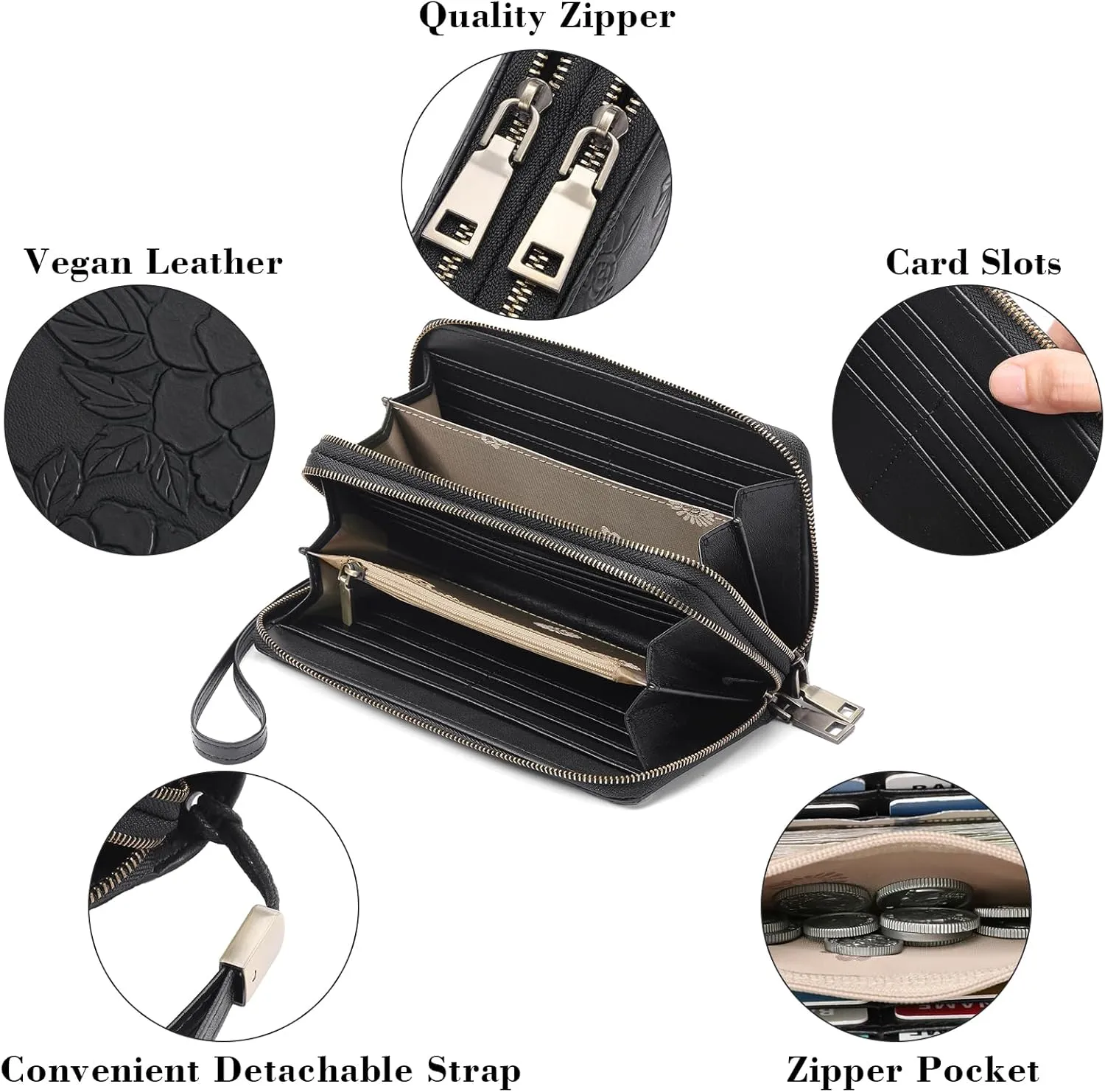 GAEKEAO Wallet for Women Clutch RFID Blocking Wristlet Leather Purse Large Capacity Credit Card Holder with Grip Hand Strap