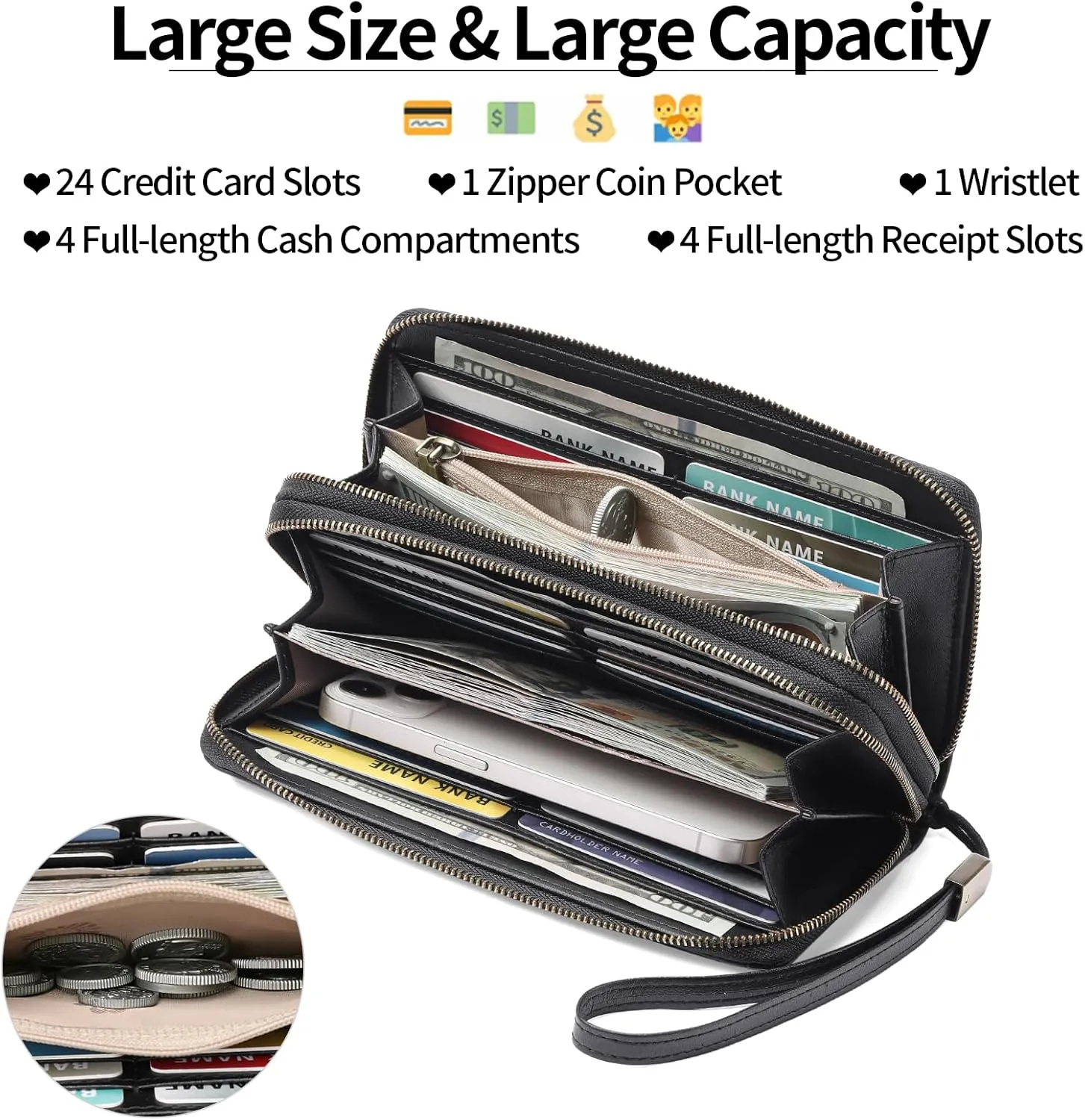 GAEKEAO Wallet for Women Clutch RFID Blocking Wristlet Leather Purse Large Capacity Credit Card Holder with Grip Hand Strap