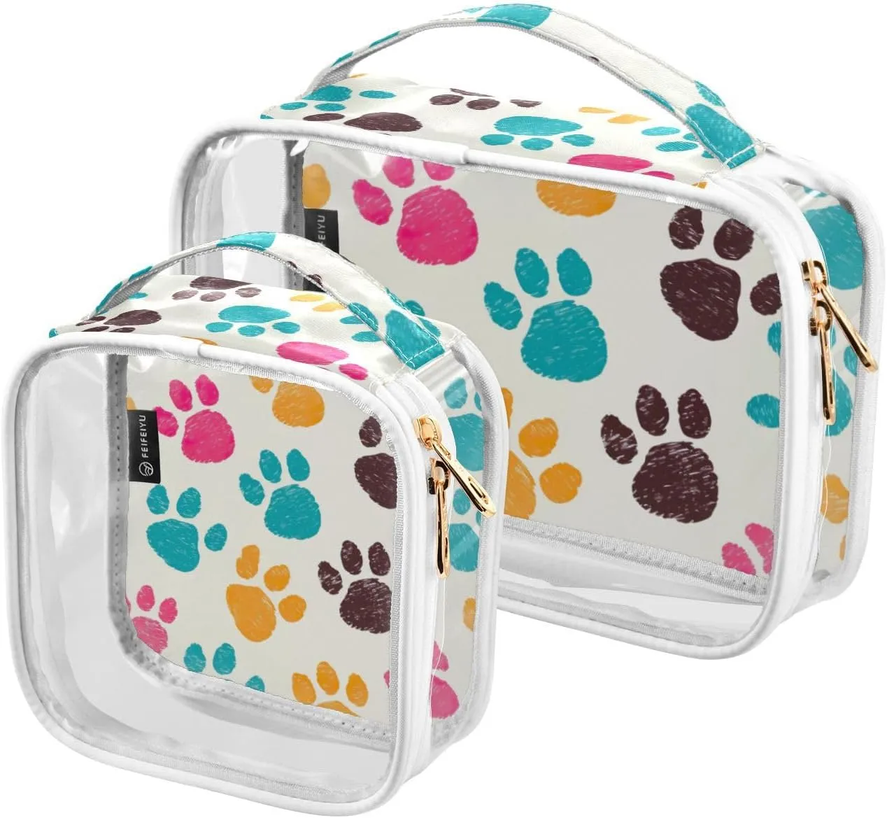 GAIGEO Colorful Dog Paw Print 2 Pack Travel Transparent Bag, Travel Organizer Toiletries and Cosmetic Bag, Clear Plastic Toiletry Bags for Traveling