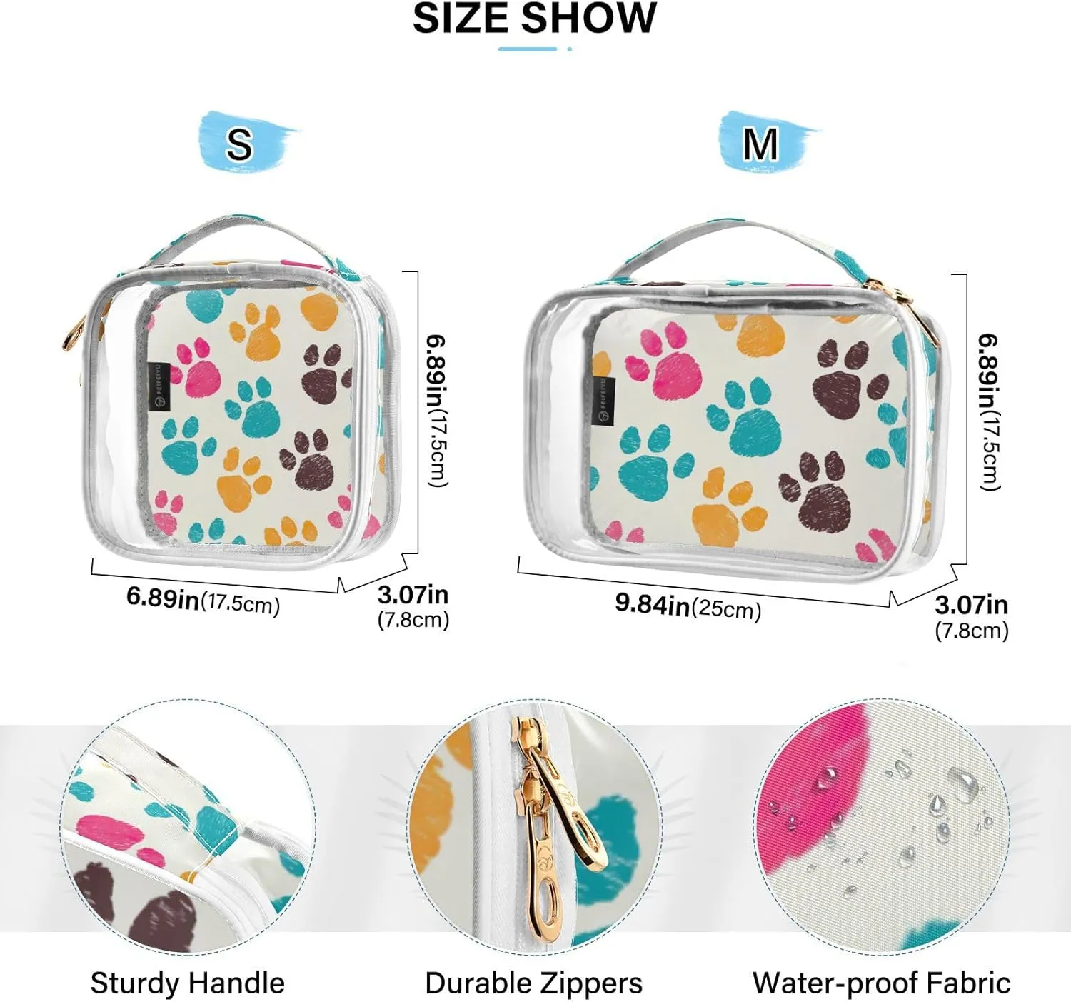 GAIGEO Colorful Dog Paw Print 2 Pack Travel Transparent Bag, Travel Organizer Toiletries and Cosmetic Bag, Clear Plastic Toiletry Bags for Traveling