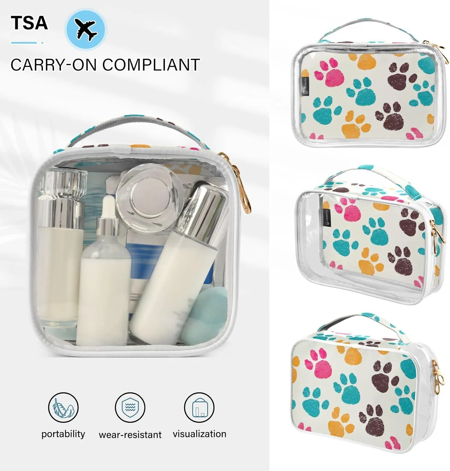GAIGEO Colorful Dog Paw Print 2 Pack Travel Transparent Bag, Travel Organizer Toiletries and Cosmetic Bag, Clear Plastic Toiletry Bags for Traveling