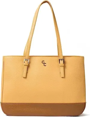 GALWAY Irish Crystal Handbags - Large Two Tone Tote Bag, 15”L x 4.7”W x 11”H, Tan/Brown - Luxury Vegan Leather Bag