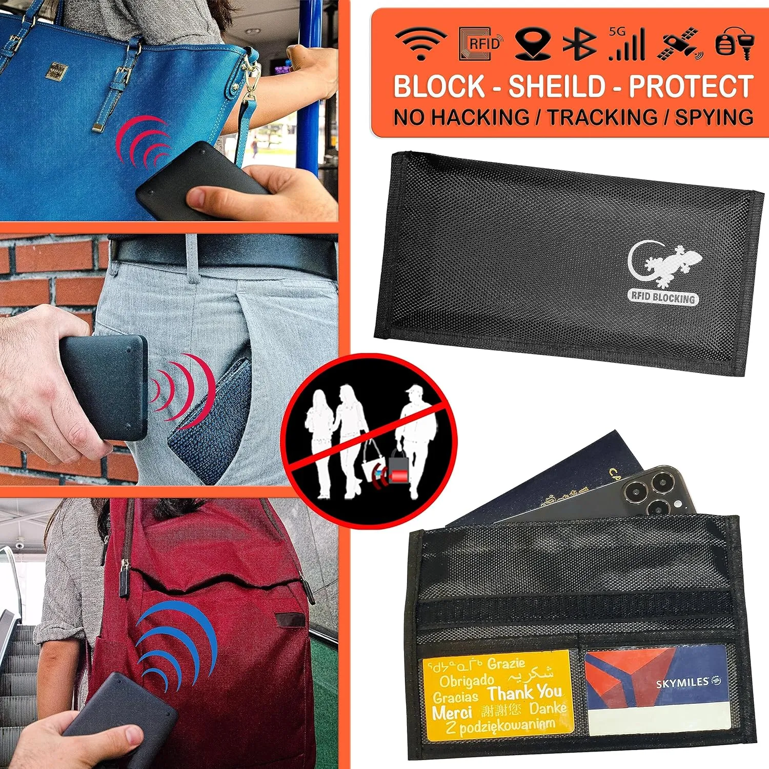 Gecko Travel Tech RFID Faraday Bag - GPS, RFID, and EMP Signal Blocker | Nylon Shielding Pouch for Cell Phone Privacy, Car Key FOB Protection, and Electronic Device Security (BLACK - NYLON)