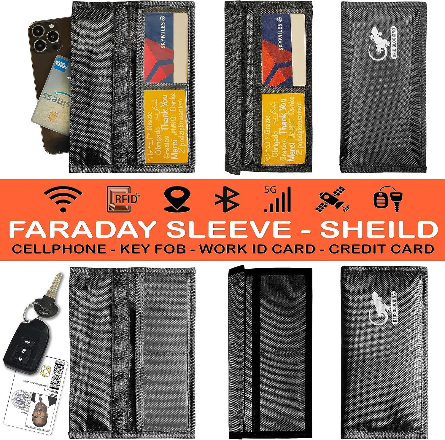 Gecko Travel Tech RFID Faraday Bag - GPS, RFID, and EMP Signal Blocker | Nylon Shielding Pouch for Cell Phone Privacy, Car Key FOB Protection, and Electronic Device Security (BLACK - NYLON)