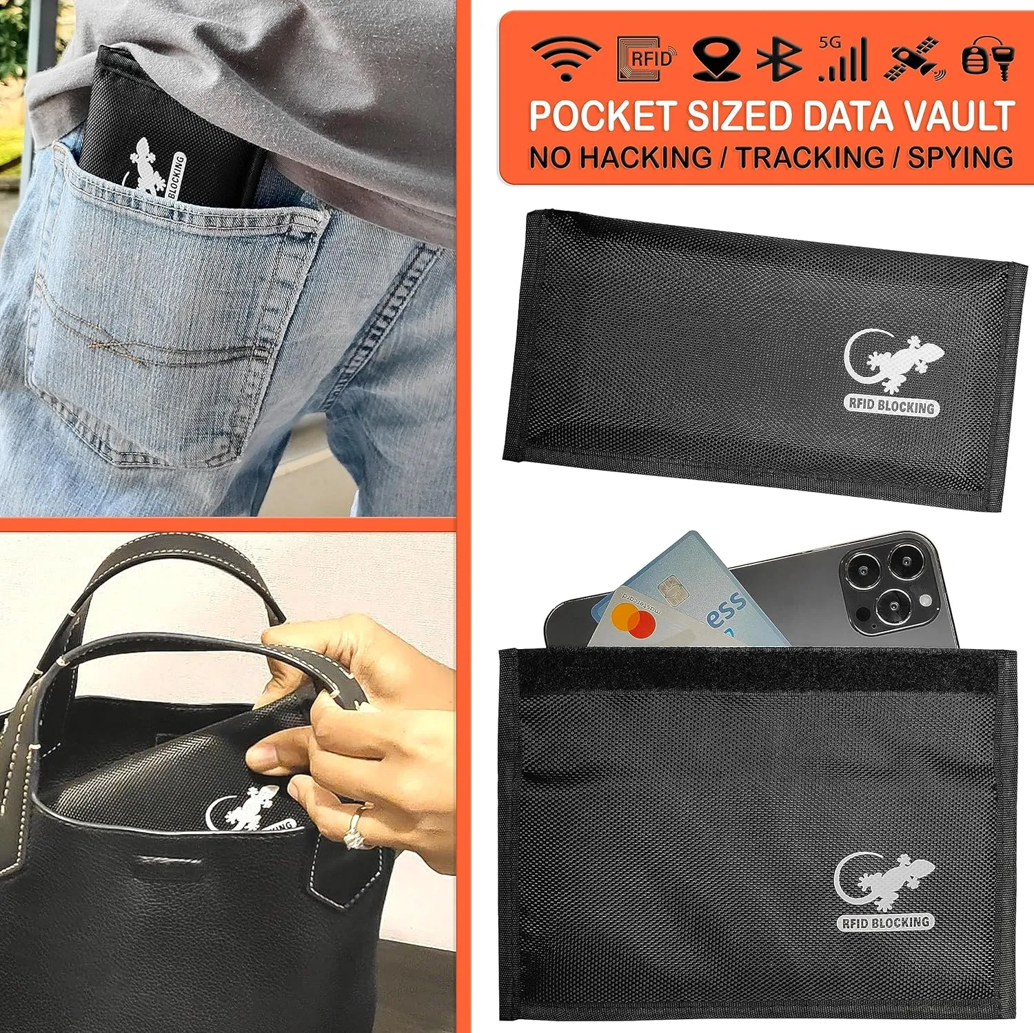 Gecko Travel Tech RFID Faraday Bag - GPS, RFID, and EMP Signal Blocker | Nylon Shielding Pouch for Cell Phone Privacy, Car Key FOB Protection, and Electronic Device Security (BLACK - NYLON)