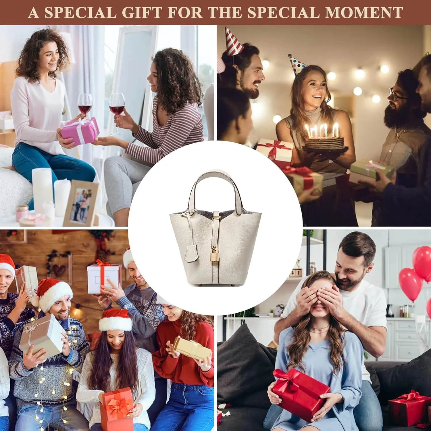Genuine Leather Bucket Bag for Women Stylish Lock Design Small Satchel Purses Handbags Daily Casual Soft Shoulder Bags