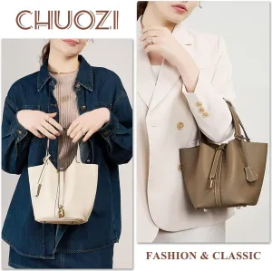 Genuine Leather Bucket Bag for Women Stylish Lock Design Small Satchel Purses Handbags Daily Casual Soft Shoulder Bags