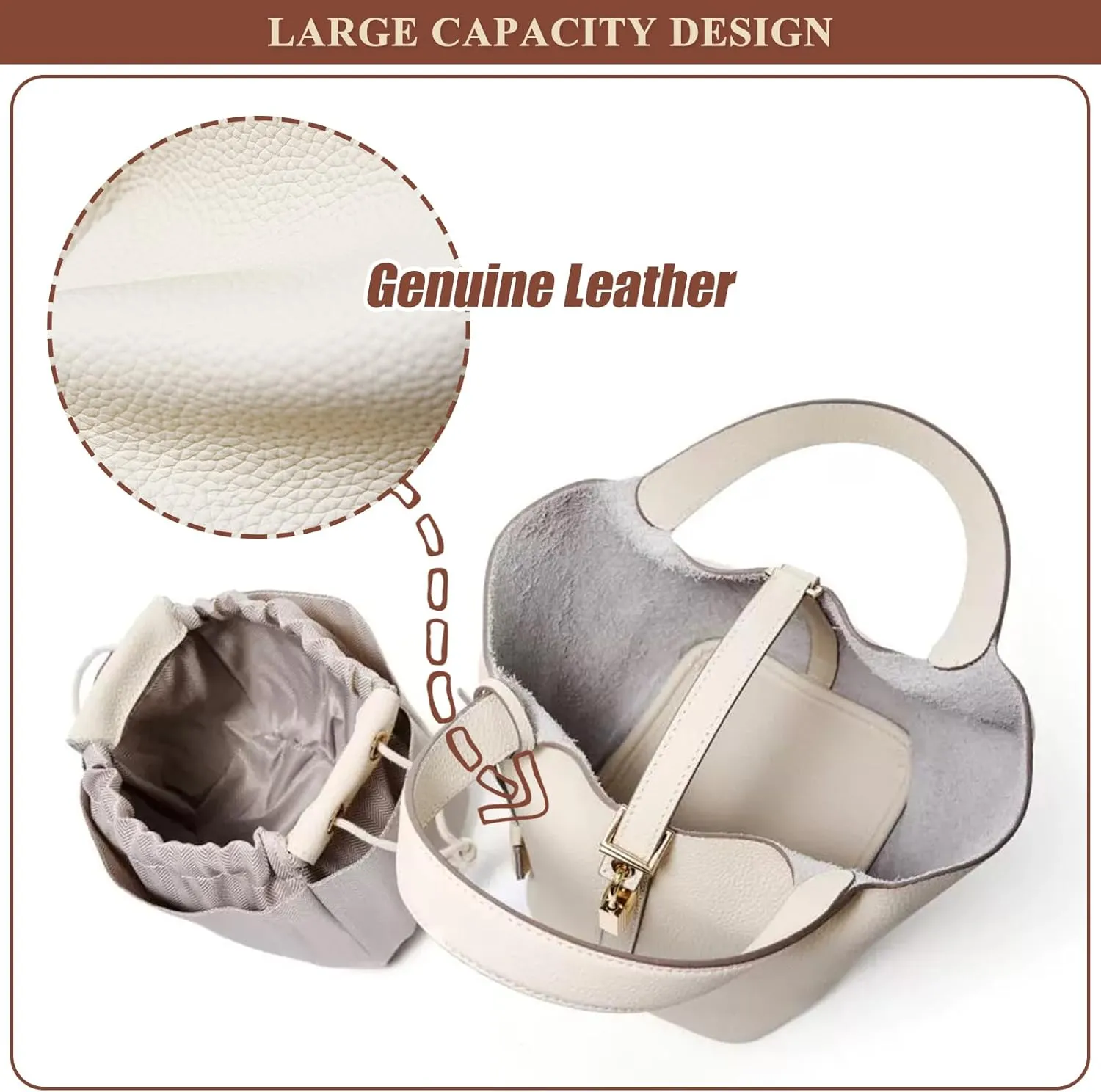 Genuine Leather Bucket Bag for Women Stylish Lock Design Small Satchel Purses Handbags Daily Casual Soft Shoulder Bags