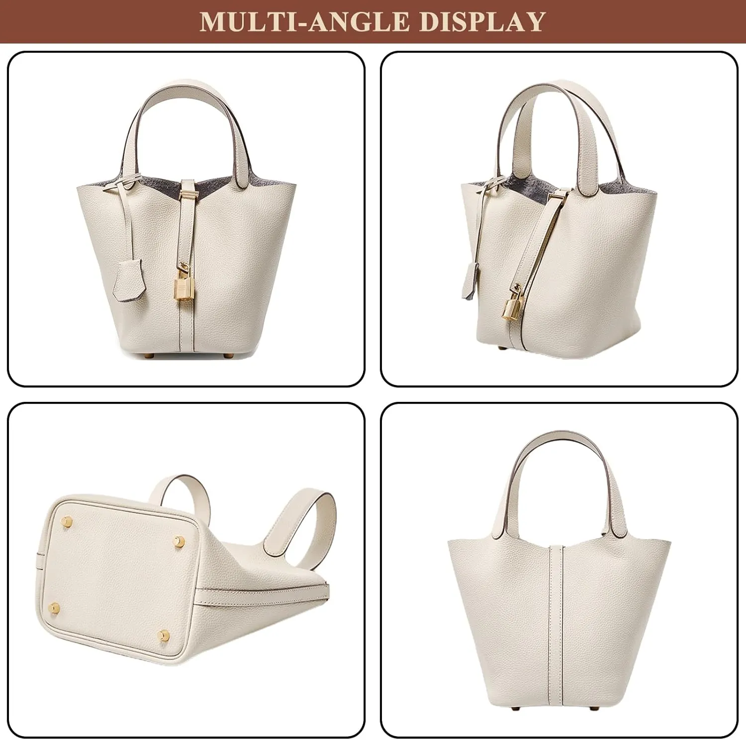 Genuine Leather Bucket Bag for Women Stylish Lock Design Small Satchel Purses Handbags Daily Casual Soft Shoulder Bags
