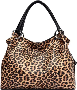 Genuine Leather Handbags for Women Top Handle Shoulder Bag Leopard Tote Bag Ladies Purses (Leopard Print)