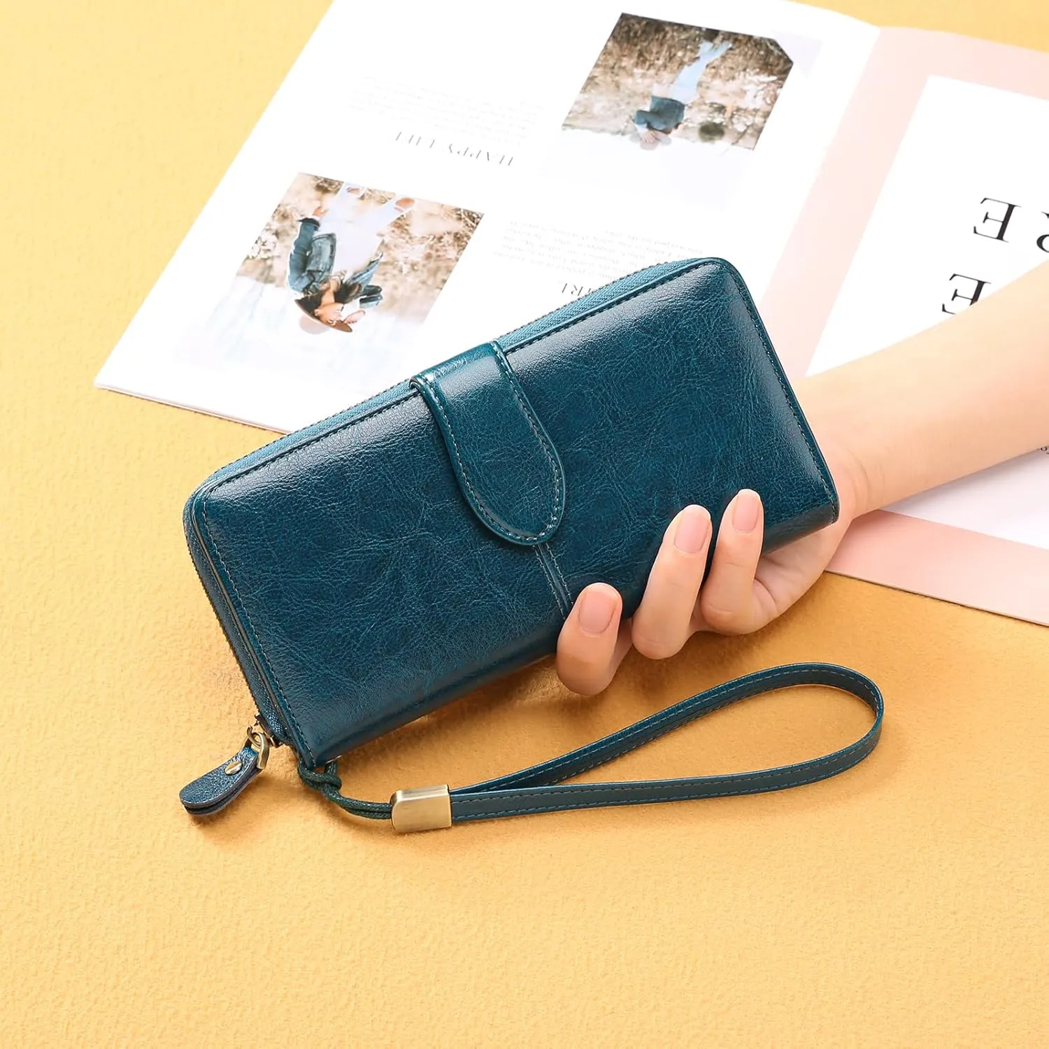 Genuine Leather Wallet for Women RFID Blocking Clutch Wristlet Purse Large Capacity Zip Around (Blue)
